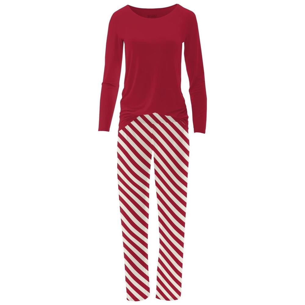 NEW KICKEE women's long sleeve tee & pajama pants set in candy cane twist